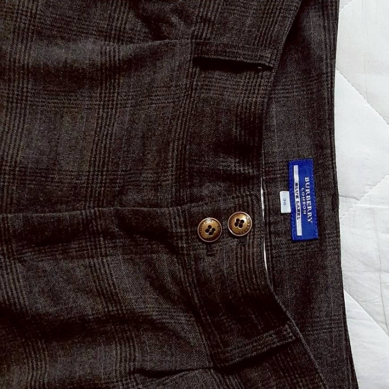 絕版正品BURBERRY 博柏利 BLUE LABEL 藍標 戰馬 牛革環 女棕色格紋混羊毛皺褶錐形休閒褲38號-2