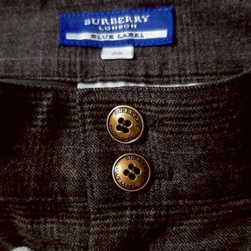 絕版正品BURBERRY 博柏利 BLUE LABEL 藍標 戰馬 牛革環 女棕色格紋混羊毛皺褶錐形休閒褲38號-5