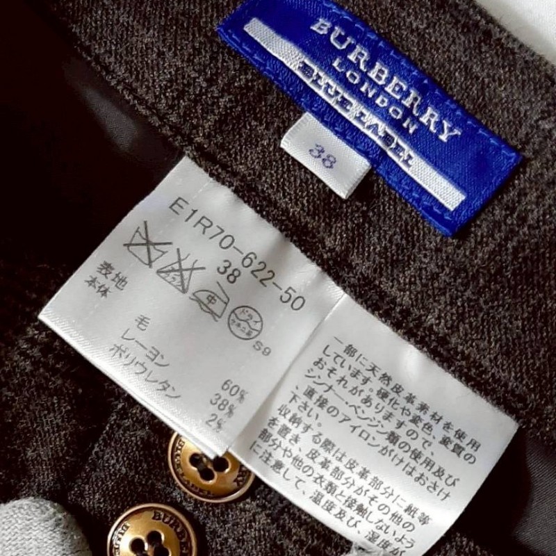 絕版正品BURBERRY 博柏利 BLUE LABEL 藍標 戰馬 牛革環 女棕色格紋混羊毛皺褶錐形休閒褲38號-6