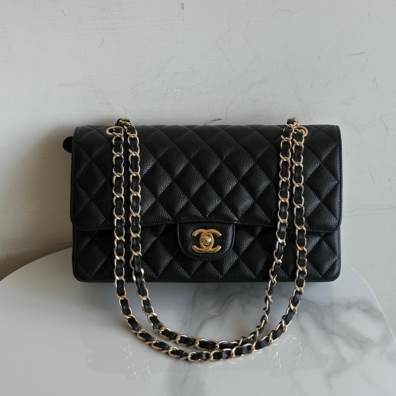 #專櫃38萬 Chanel Cf25黑金荔枝牛皮口蓋斜挎包 #閒置全配🈶購證-1