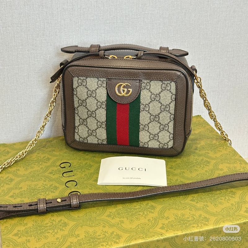 Gucci Ophidia經典烏木色老花盒子斜挎包 全新全配🈶台灣購證 #離櫃未使用-0