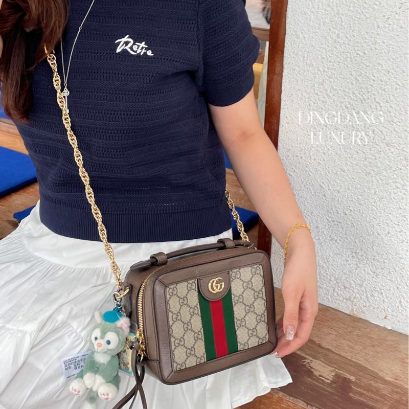 Gucci Ophidia經典烏木色老花盒子斜挎包 全新全配🈶台灣購證 #離櫃未使用-1