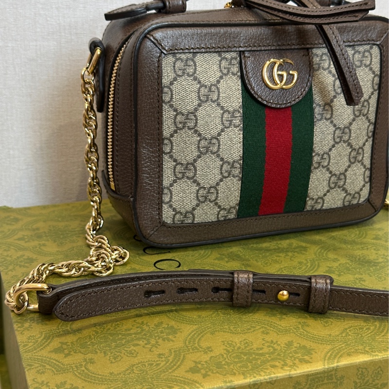 Gucci Ophidia經典烏木色老花盒子斜挎包 全新全配🈶台灣購證 #離櫃未使用-25