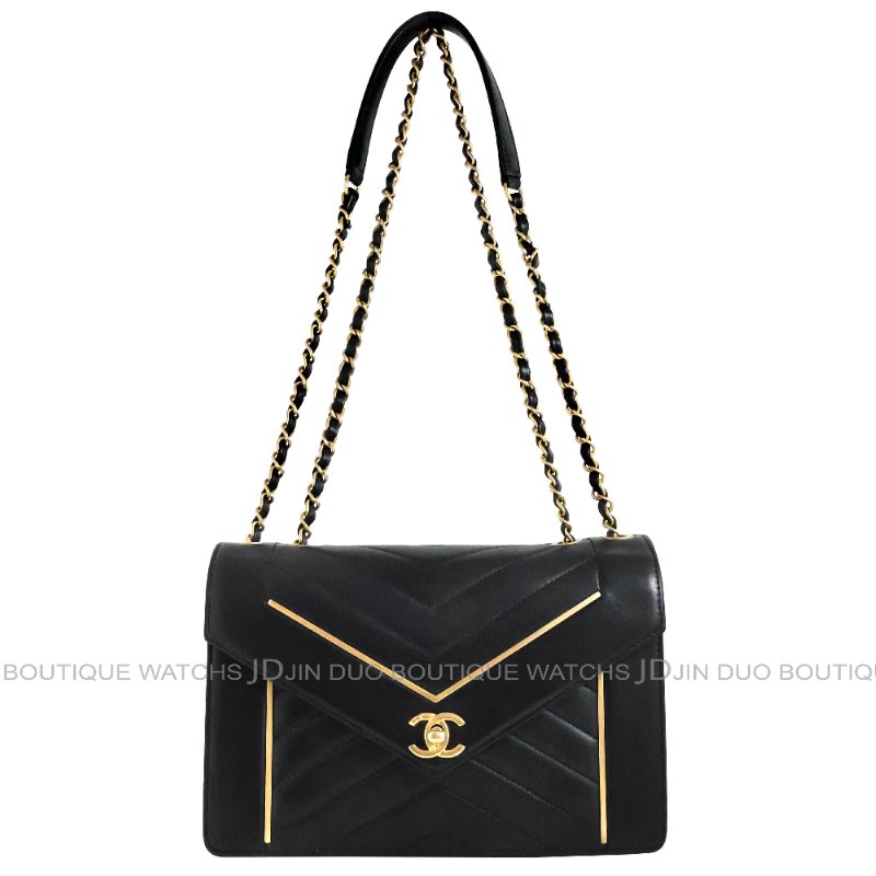 金鐸精品~C761 CHANEL 香奈兒 A91898黑金小羊皮人字縫線信封V形掀蓋金屬鍊帶側肩背包-0