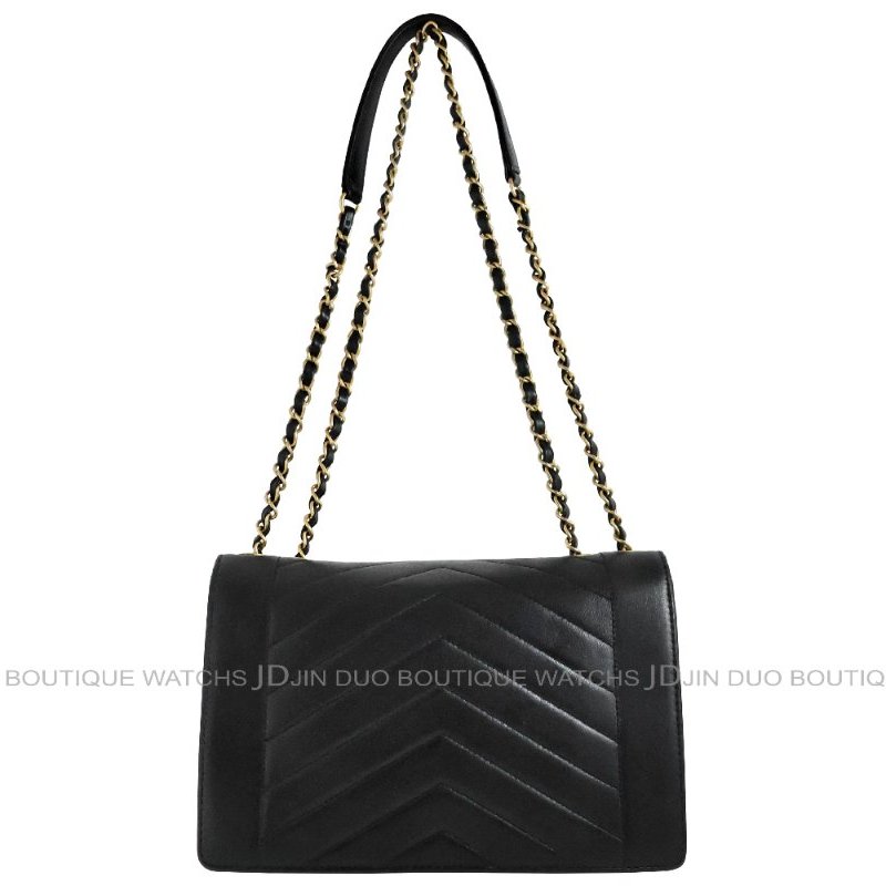 金鐸精品~C761 CHANEL 香奈兒 A91898黑金小羊皮人字縫線信封V形掀蓋金屬鍊帶側肩背包-1