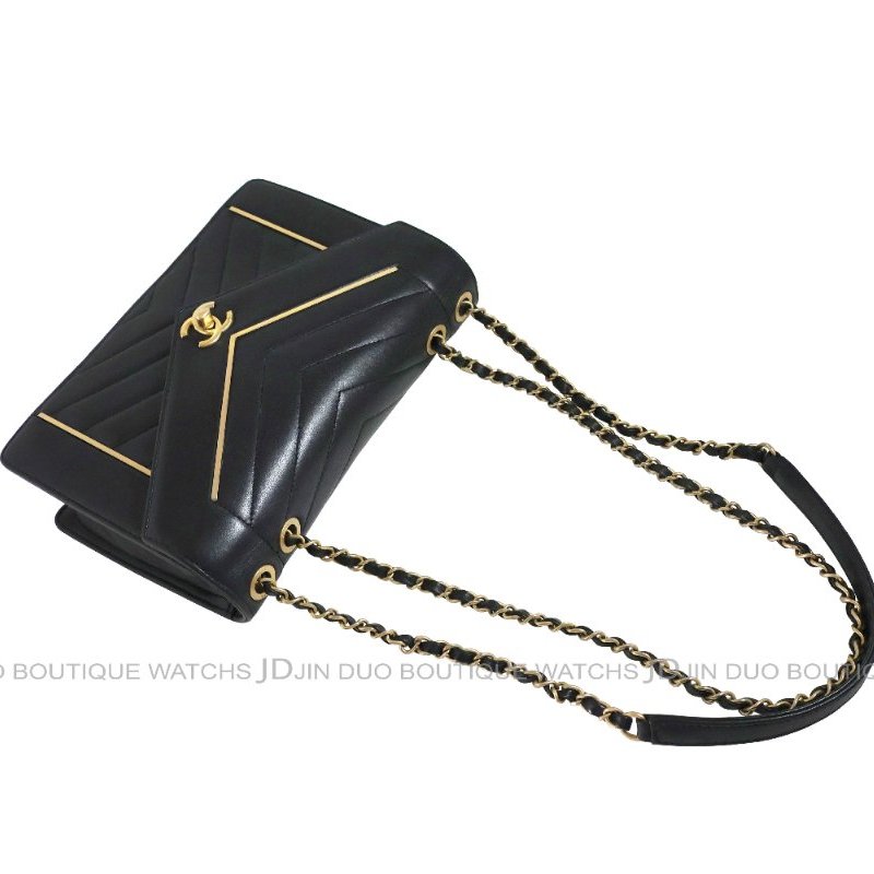 金鐸精品~C761 CHANEL 香奈兒 A91898黑金小羊皮人字縫線信封V形掀蓋金屬鍊帶側肩背包-2