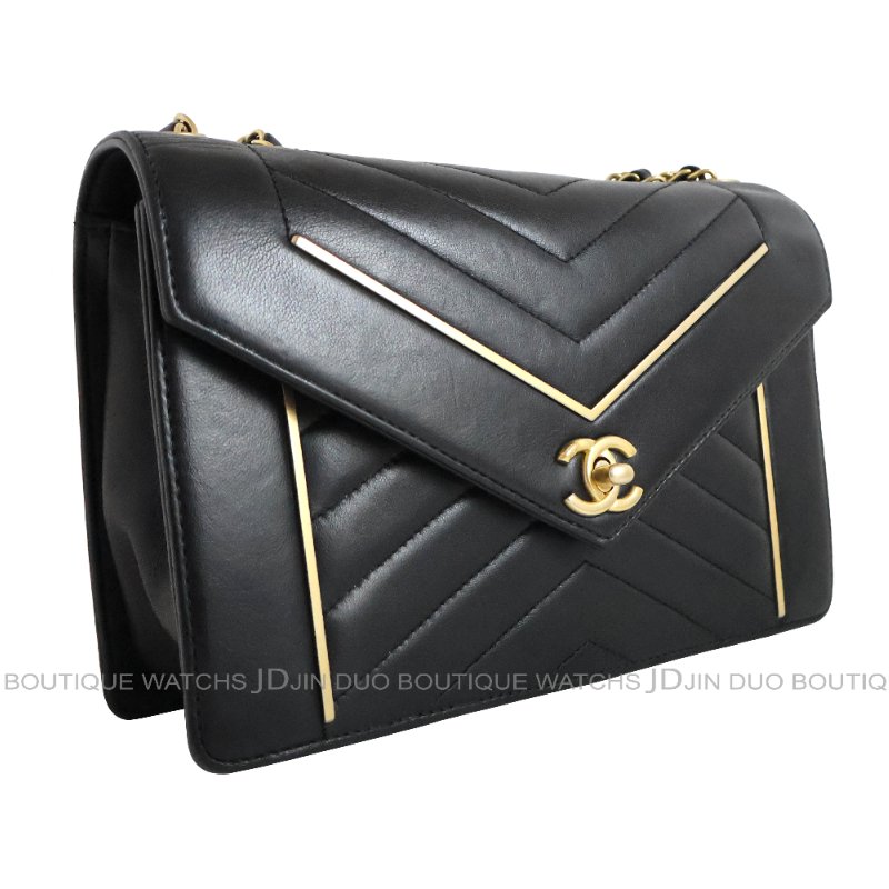 金鐸精品~C761 CHANEL 香奈兒 A91898黑金小羊皮人字縫線信封V形掀蓋金屬鍊帶側肩背包-3