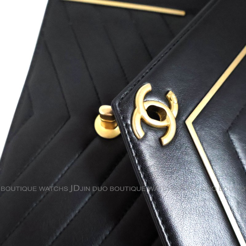 金鐸精品~C761 CHANEL 香奈兒 A91898黑金小羊皮人字縫線信封V形掀蓋金屬鍊帶側肩背包-6
