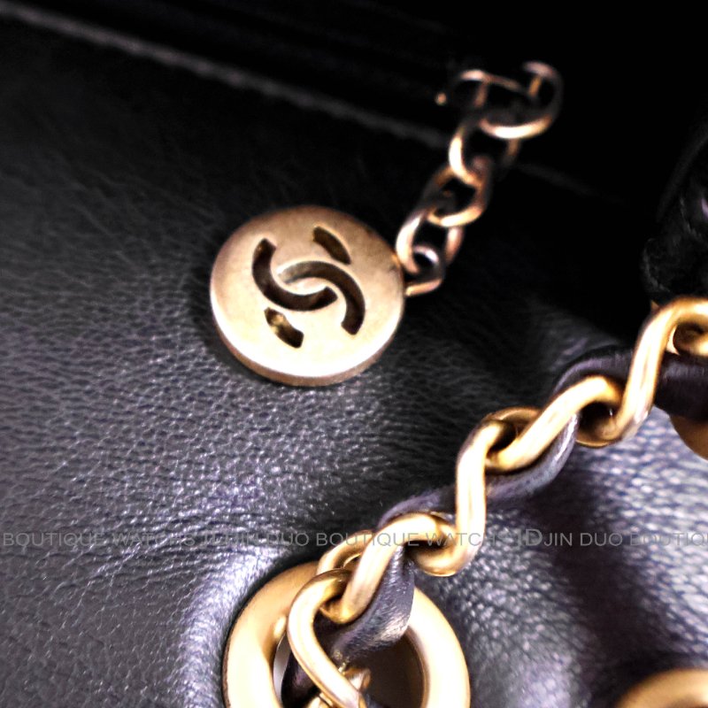金鐸精品~C761 CHANEL 香奈兒 A91898黑金小羊皮人字縫線信封V形掀蓋金屬鍊帶側肩背包-7