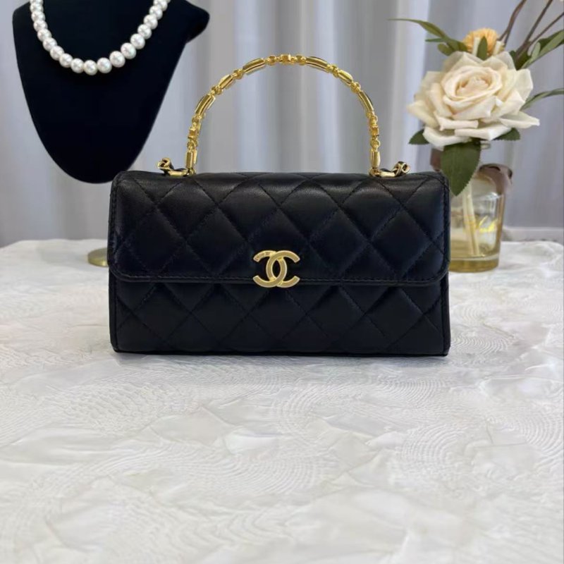 Chanel 22B 大號黑金羊皮琺瑯手柄Kelly 18*10*4.5  99新 配件塵袋-0