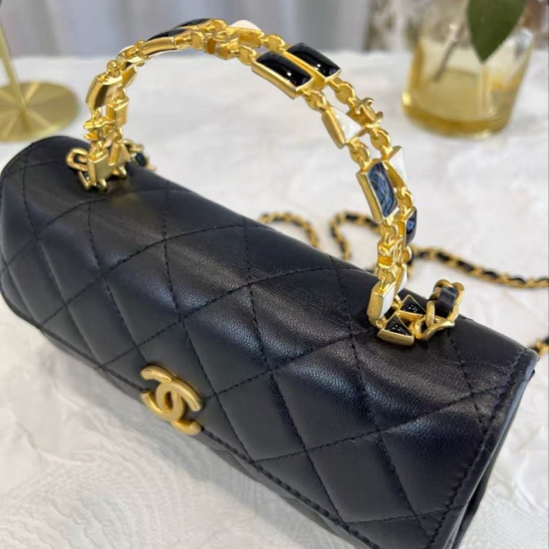 Chanel 22B 大號黑金羊皮琺瑯手柄Kelly 18*10*4.5  99新 配件塵袋-3