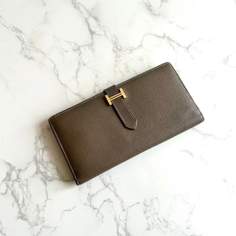 【LA LUNE】稀有古董包 Hermes棕灰金色 Bearn長夾 錢包 皮夾 中古包 二手包-0