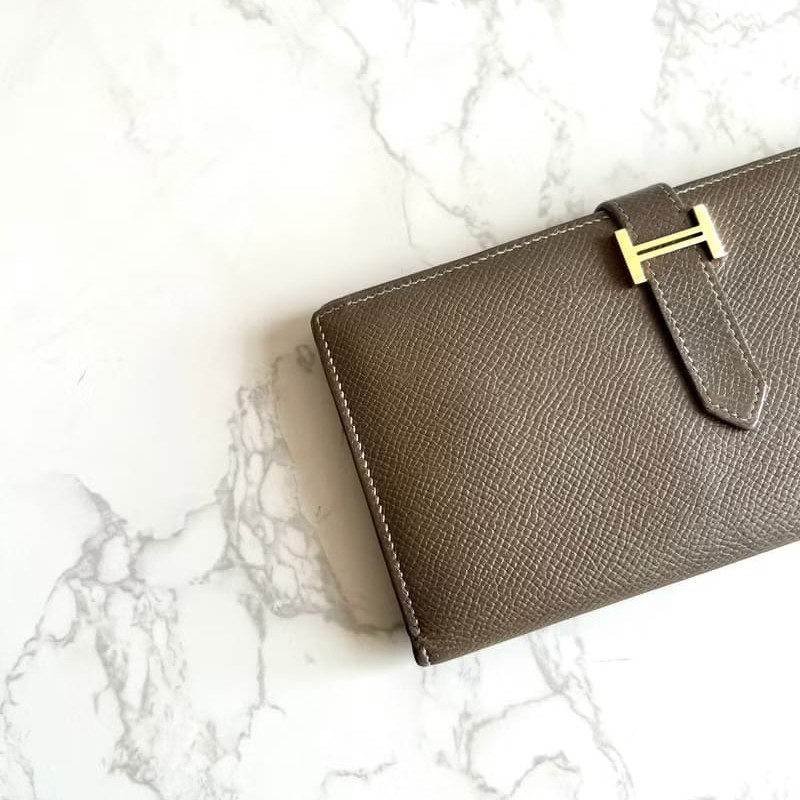 【LA LUNE】稀有古董包 Hermes棕灰金色 Bearn長夾 錢包 皮夾 中古包 二手包-2