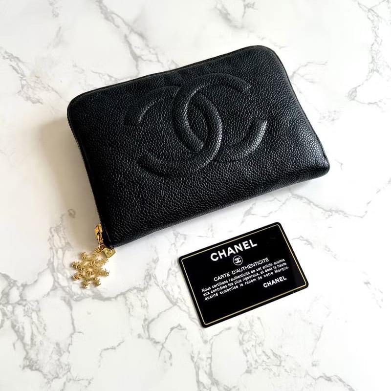 【LA LUNE】絕版中古包 Chanel 黑色魚子醬長夾 錢包 皮夾 手機包 二手古董包-4