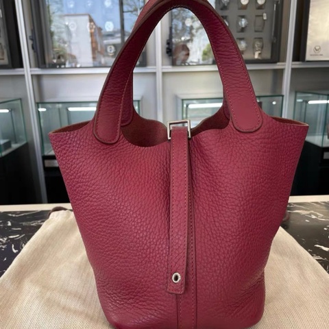 HERMES/愛馬仕 Picotin Lock 18 銀扣 T刻Taurillon Maurice小公牛皮菜籃子手提包 女款 57 Bordeaux 波爾多紅