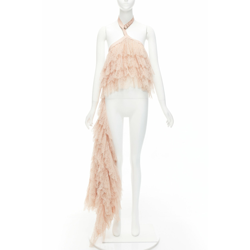 ALEXANDER MCQUEEN 2007 Runway pink lace leather cascade drape ruffle top IT38 XS-0