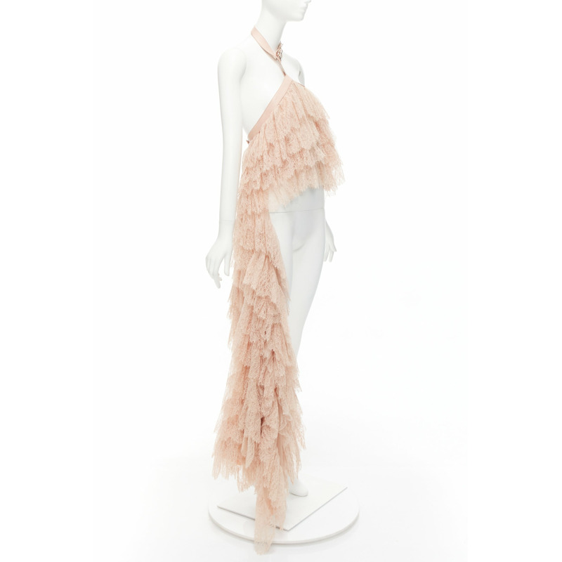 ALEXANDER MCQUEEN 2007 Runway pink lace leather cascade drape ruffle top IT38 XS-2