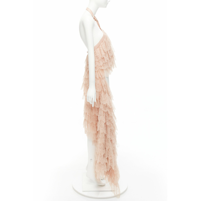 ALEXANDER MCQUEEN 2007 Runway pink lace leather cascade drape ruffle top IT38 XS-3