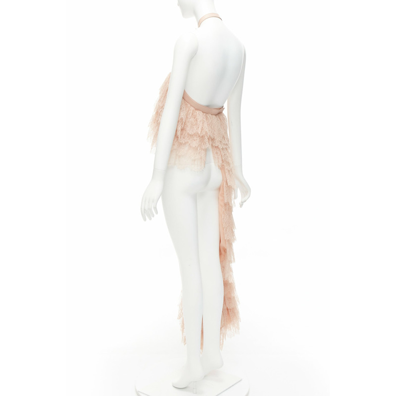ALEXANDER MCQUEEN 2007 Runway pink lace leather cascade drape ruffle top IT38 XS-5