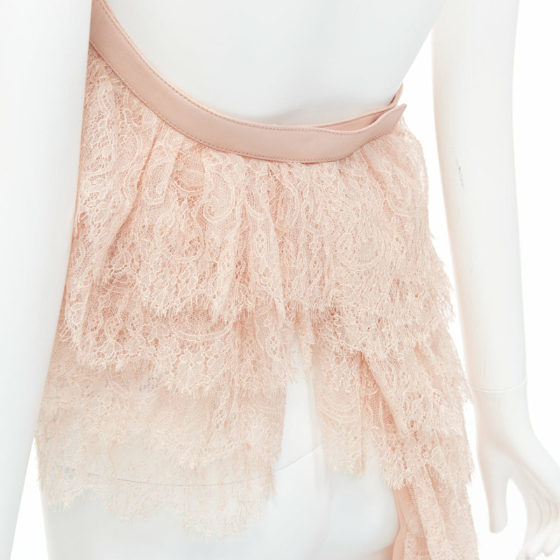 ALEXANDER MCQUEEN 2007 Runway pink lace leather cascade drape ruffle top IT38 XS-8