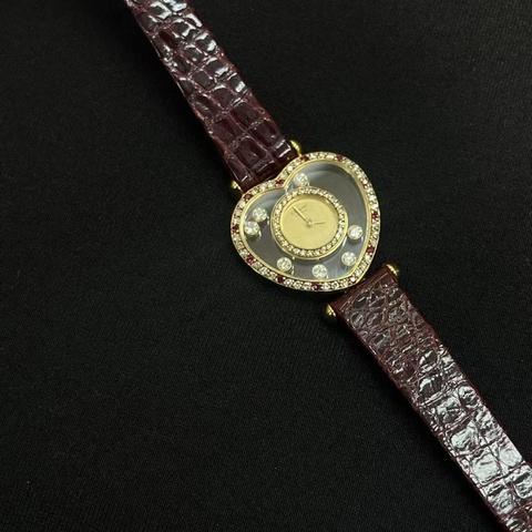 「JL精品代購」Chopard蕭邦愛心透明帶鑽酒红皮帶女士腕錶