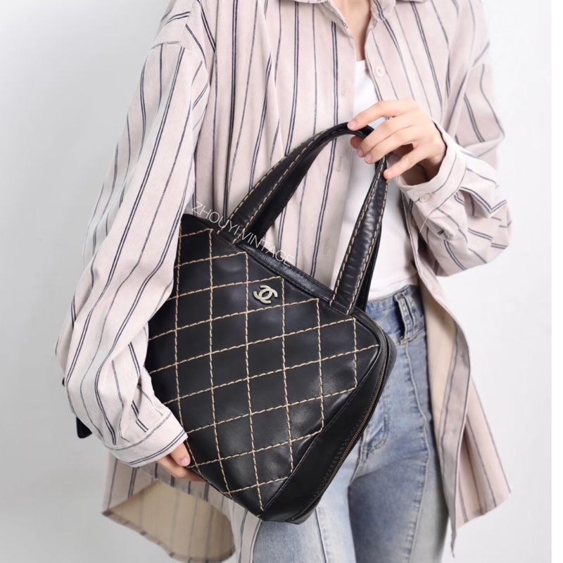 Chanel Vintage菱格紋外縫線托特包-3