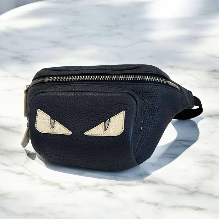 Fendi牛皮怪獸系列腰包胸口包/深藍-2