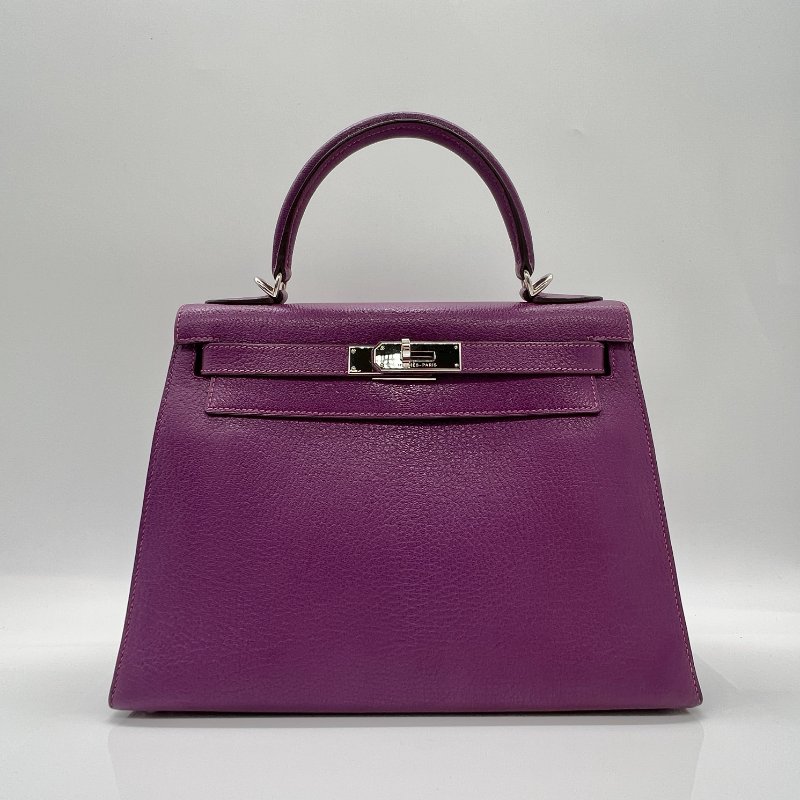 Hermès Kelly 28 海葵紫山羊皮銀扣手提斜挎包 |配件齊全-4