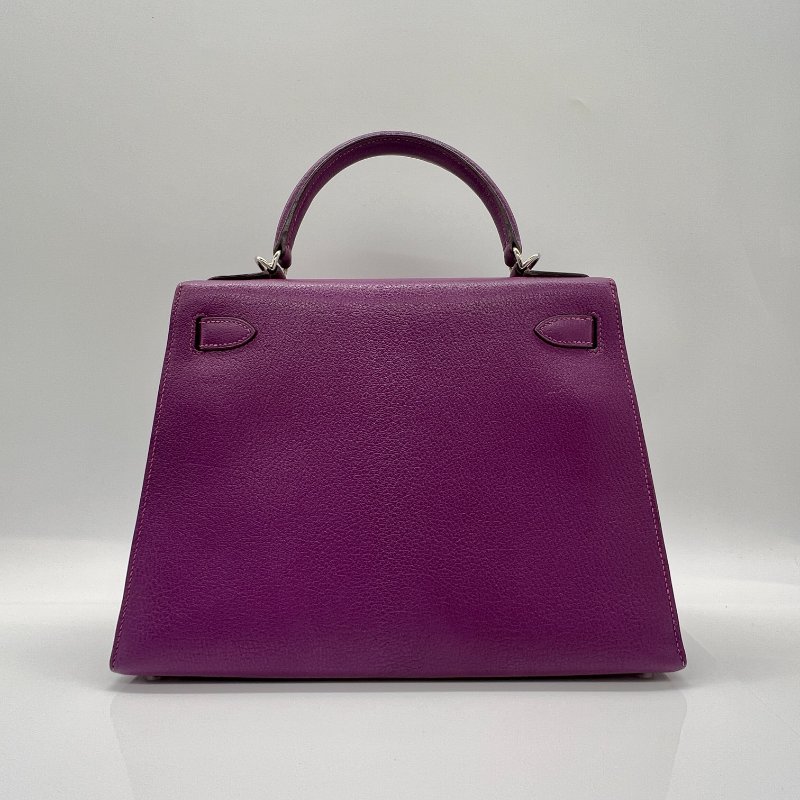 Hermès Kelly 28 海葵紫山羊皮銀扣手提斜挎包 |配件齊全-5
