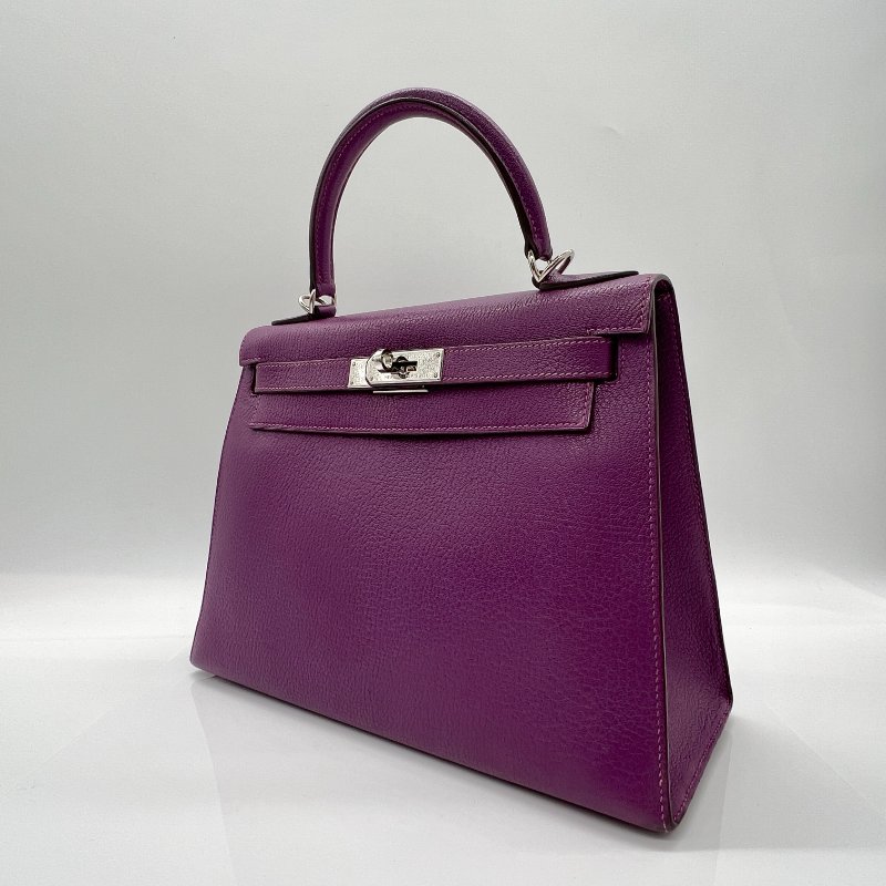 Hermès Kelly 28 海葵紫山羊皮銀扣手提斜挎包 |配件齊全-6