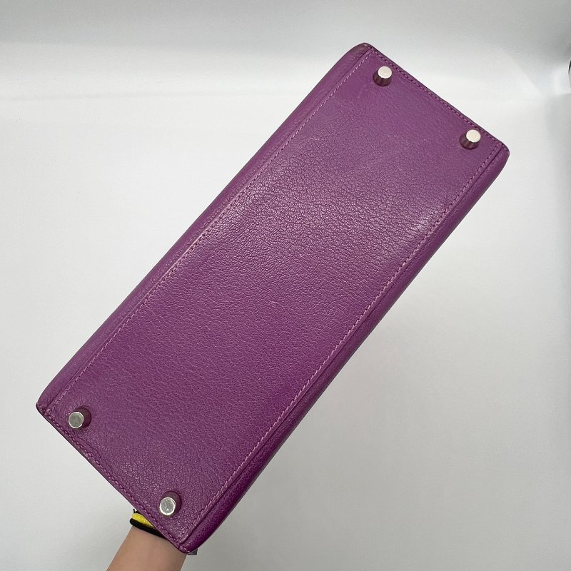 Hermès Kelly 28 海葵紫山羊皮銀扣手提斜挎包 |配件齊全-8