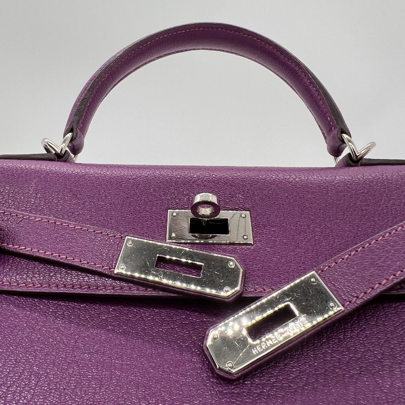 Hermès Kelly 28 海葵紫山羊皮銀扣手提斜挎包 |配件齊全-15