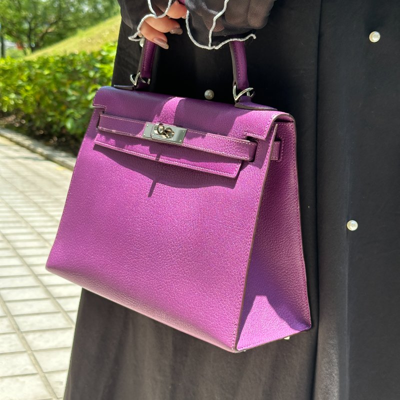 Hermès Kelly 28 海葵紫山羊皮銀扣手提斜挎包 |配件齊全-2