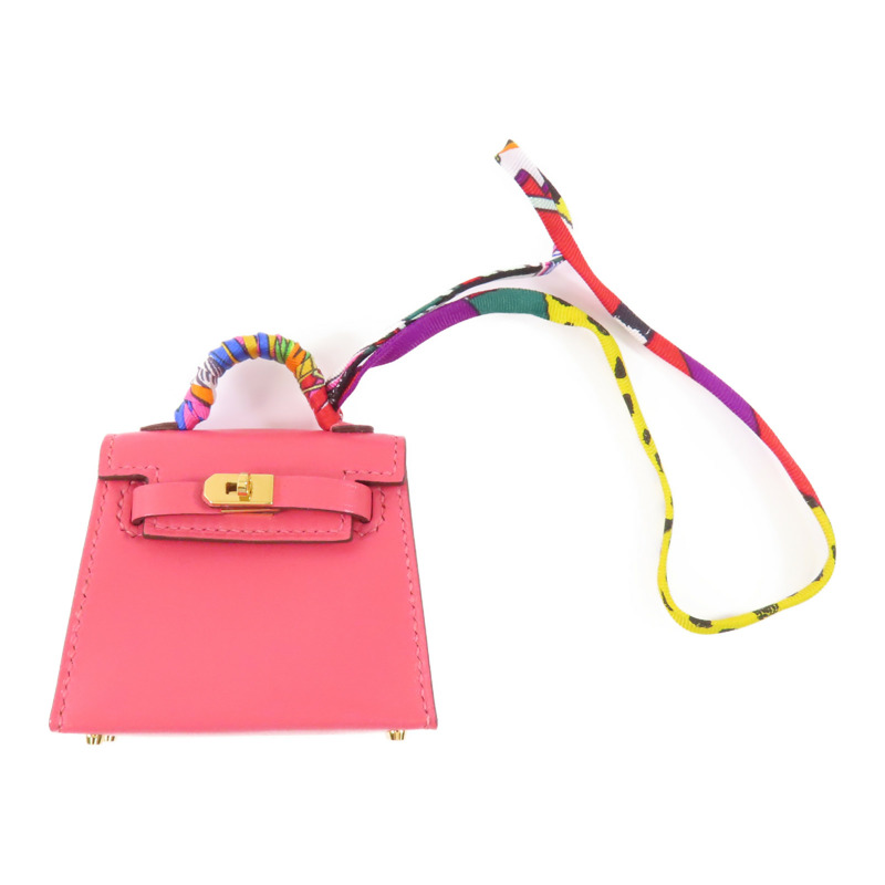 HERMES Tadelakt皮革Kelly Bag Charm金扣掛飾Rose Azalee-0