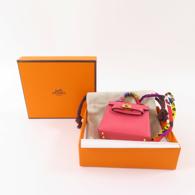 HERMES Tadelakt皮革Kelly Bag Charm金扣掛飾Rose Azalee-13
