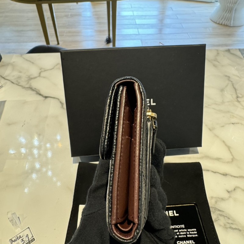 CHANEL 黑金荔枝皮 三折短夾・金扣Logo-3