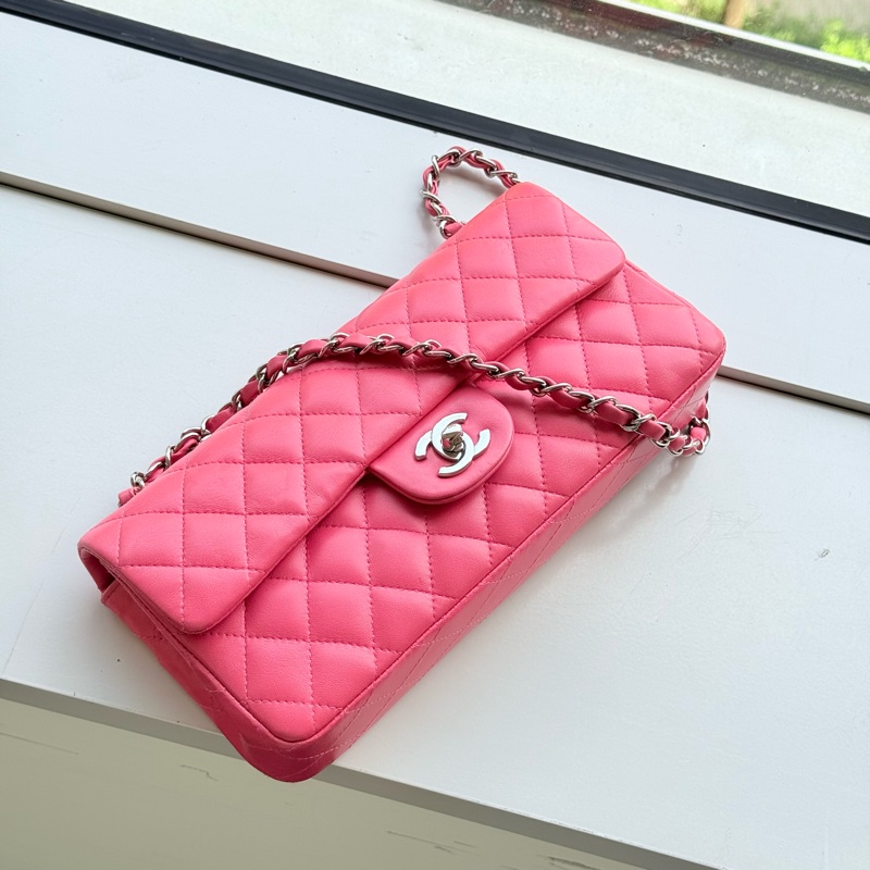 限時特價 (超稀有✨單肩短鏈條)CHANEL COCO CF 羊皮 夏日🍑水蜜桃粉 🥖法棍包 CF 口蓋包 鏈條包 肩背包-1