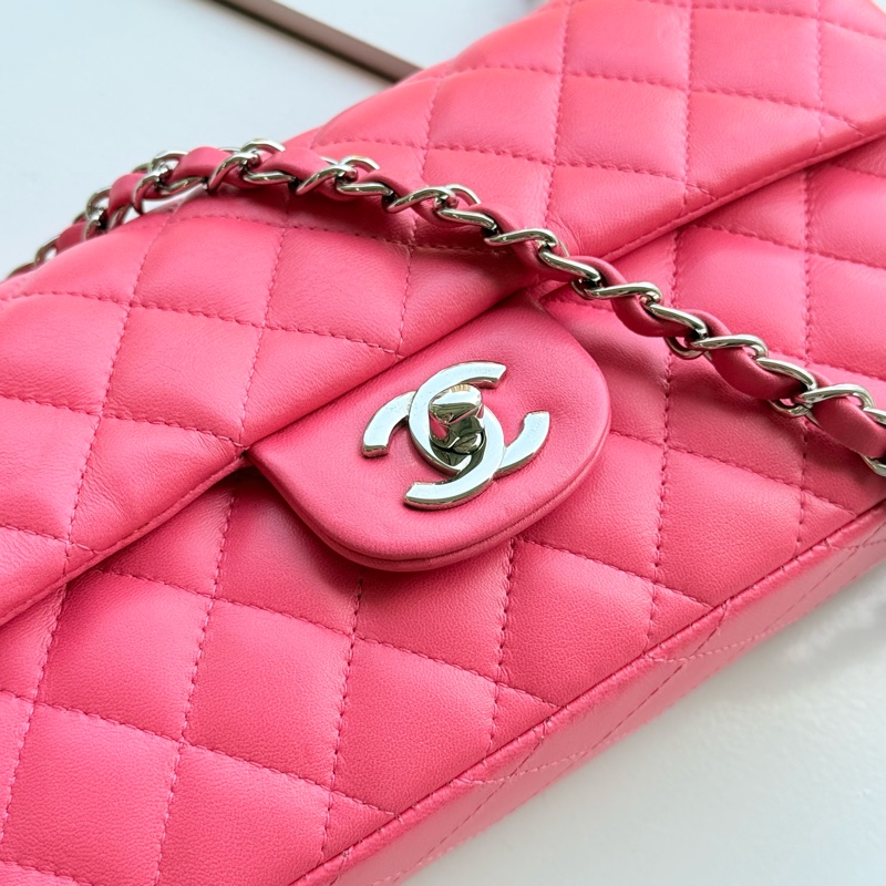 限時特價 (超稀有✨單肩短鏈條)CHANEL COCO CF 羊皮 夏日🍑水蜜桃粉 🥖法棍包 CF 口蓋包 鏈條包 肩背包-2