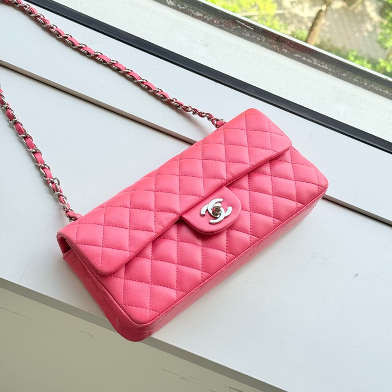 限時特價 (超稀有✨單肩短鏈條)CHANEL COCO CF 羊皮 夏日🍑水蜜桃粉 🥖法棍包 CF 口蓋包 鏈條包 肩背包-3