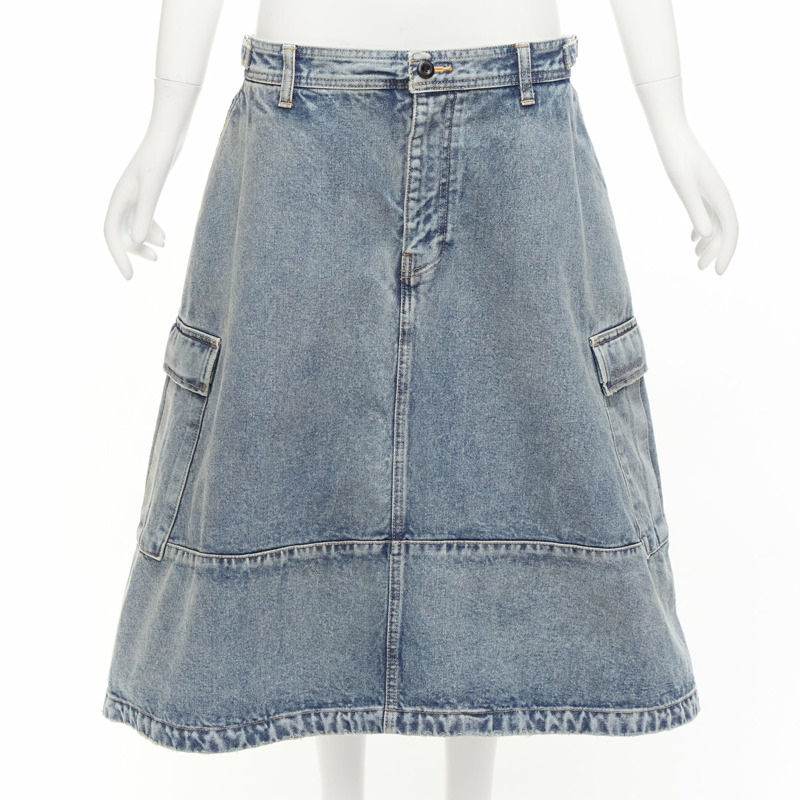BALENCIAGA Demna 2021 Cargo Kick blue denim low waist logo midi skirt FR38 M-0