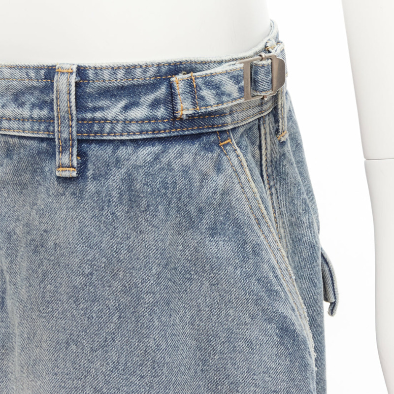 BALENCIAGA Demna 2021 Cargo Kick blue denim low waist logo midi skirt FR38 M-1