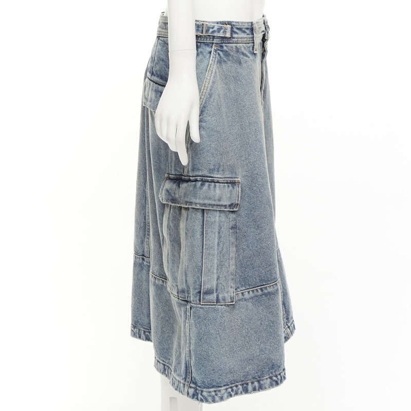 BALENCIAGA Demna 2021 Cargo Kick blue denim low waist logo midi skirt FR38 M-3