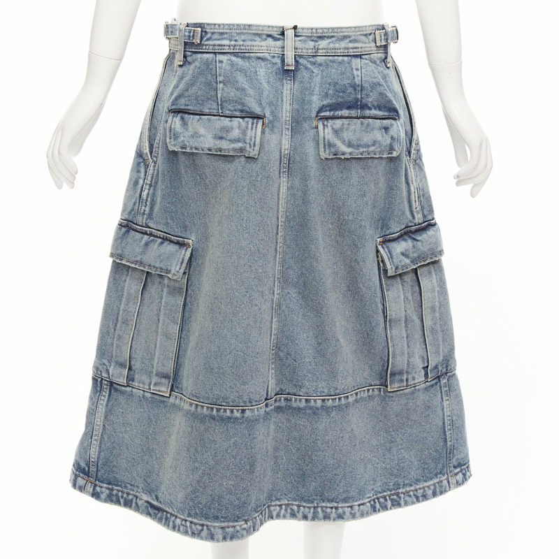BALENCIAGA Demna 2021 Cargo Kick blue denim low waist logo midi skirt FR38 M-4