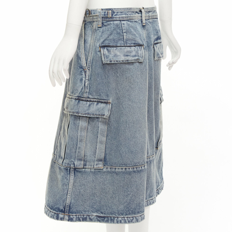 BALENCIAGA Demna 2021 Cargo Kick blue denim low waist logo midi skirt FR38 M-5