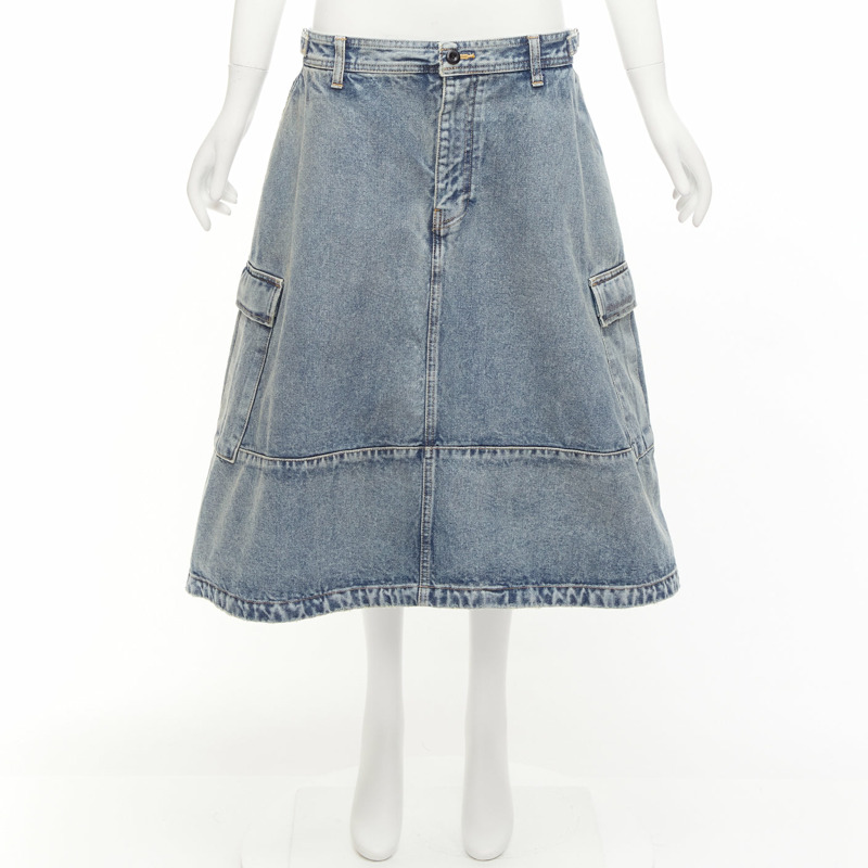 BALENCIAGA Demna 2021 Cargo Kick blue denim low waist logo midi skirt FR38 M-8