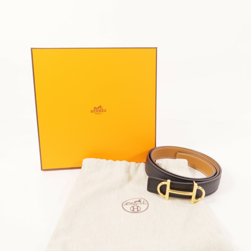 HERMES Epsom/Swift皮革Surmer Reversible金扣皮帶Noir/Gold-11