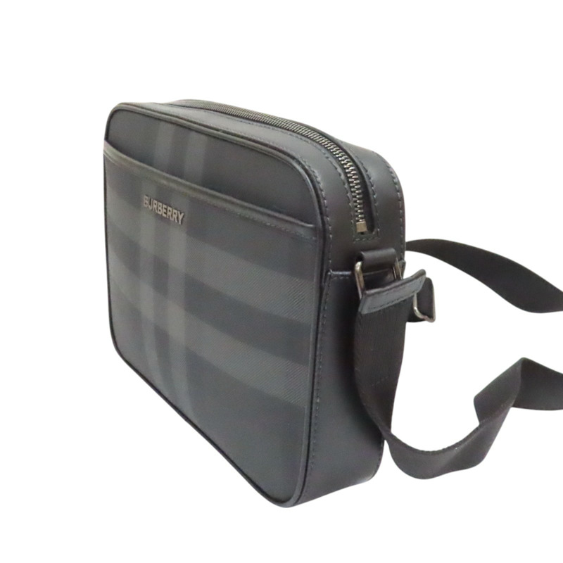 灰色 格紋帆布 黑色皮革 肩背包 斜背包【BURBERRY 巴寶莉】 8068588-2