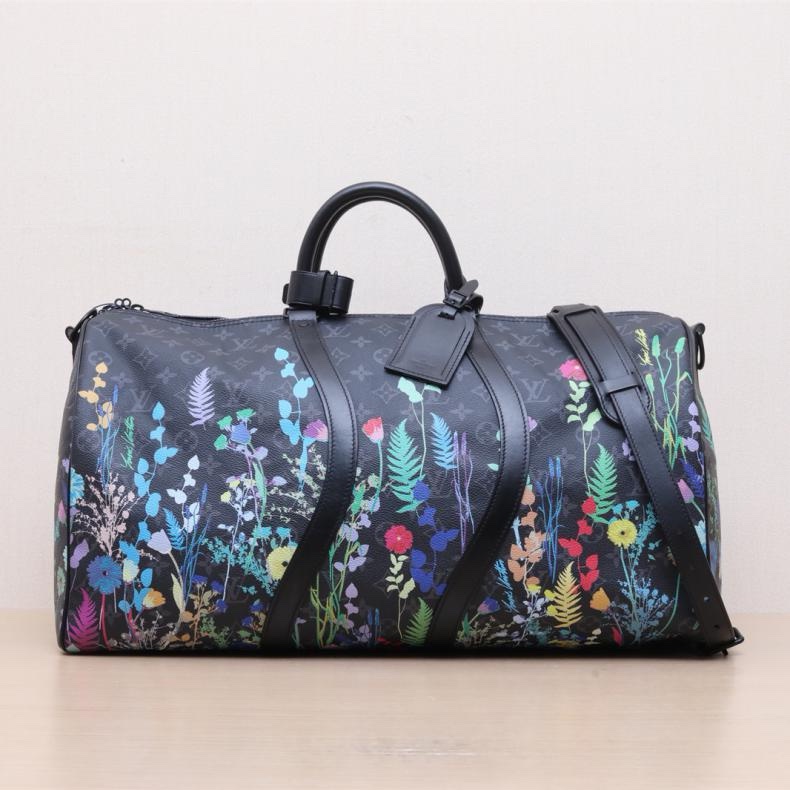 LOUIS VUITTON(路易威登) KEEPALL 50 配肩帶 黑色 PVC 2019 Foliage 花朵印花-0