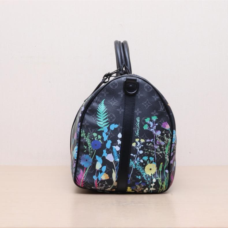 LOUIS VUITTON(路易威登) KEEPALL 50 配肩帶 黑色 PVC 2019 Foliage 花朵印花-1