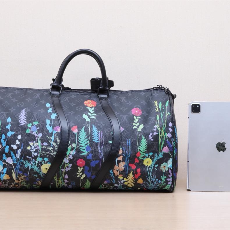 LOUIS VUITTON(路易威登) KEEPALL 50 配肩帶 黑色 PVC 2019 Foliage 花朵印花-2
